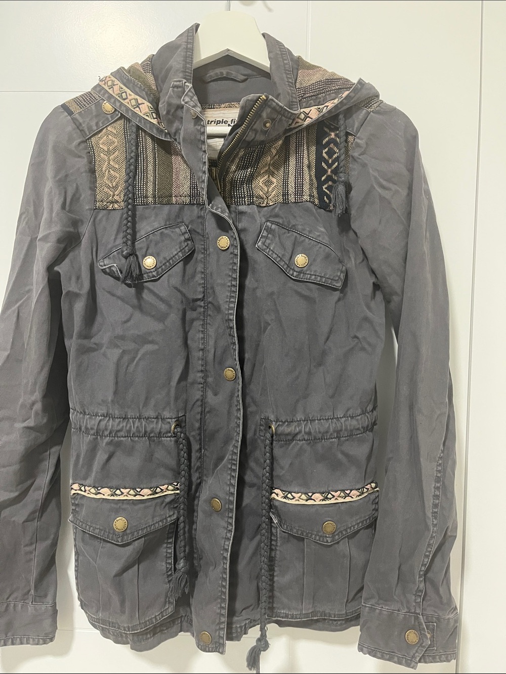 Triple Five Soul Washed Gray Hooded Utility Jacket with Woven Accents